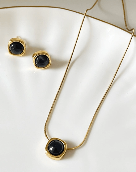 Midnight Muse Black Stone Necklace and Stud Set - Silks & Jewels