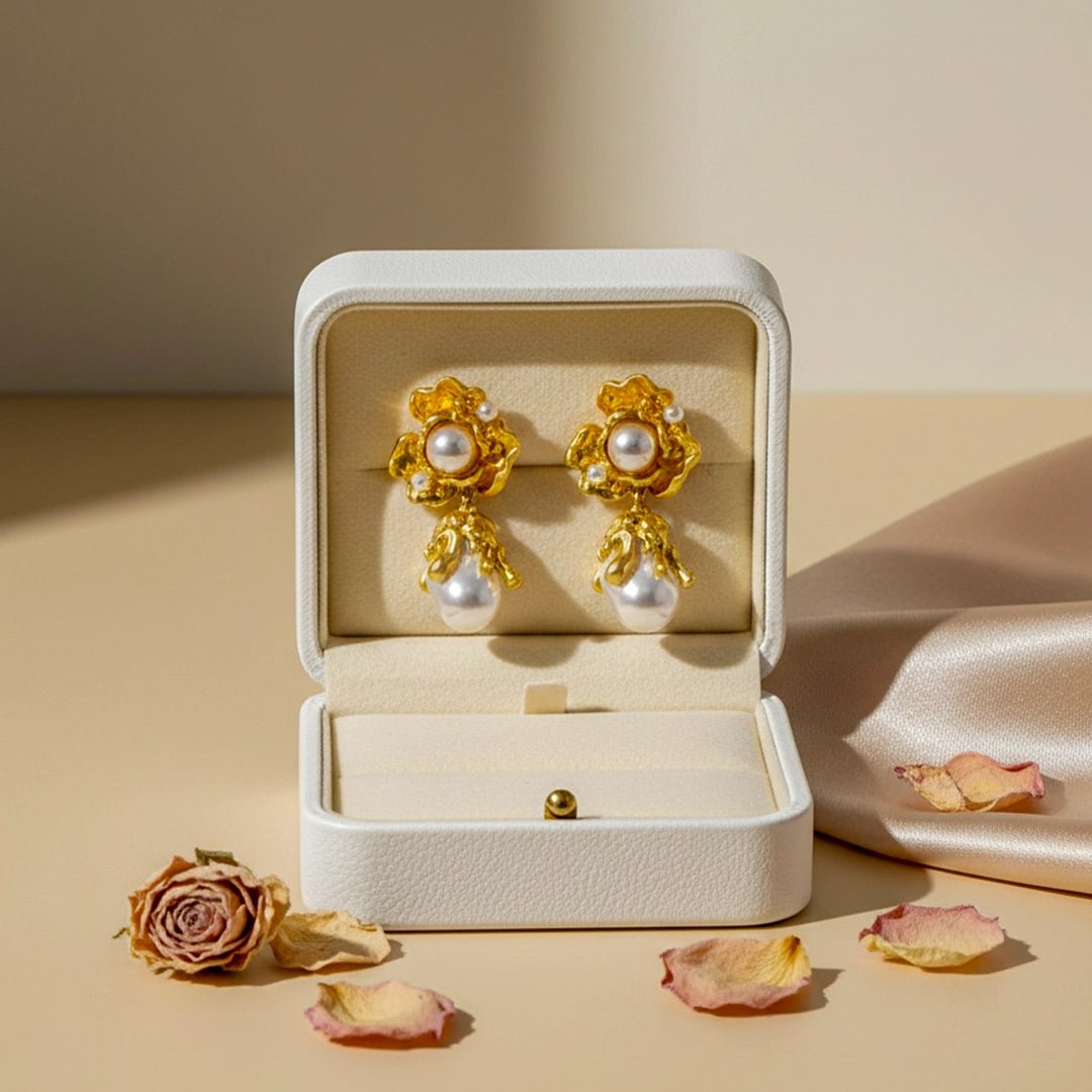 Ancient Floral Gold Tone Stainless Steel Earrings - Silks & Jewels