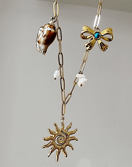Boho Sun and Shell Gold Plated Pearl Necklace - Silks & Jewels