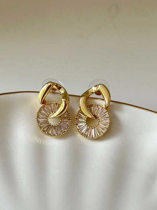 Crystal Halo Baguette Cut Gold Plated Earrings - Silks & Jewels