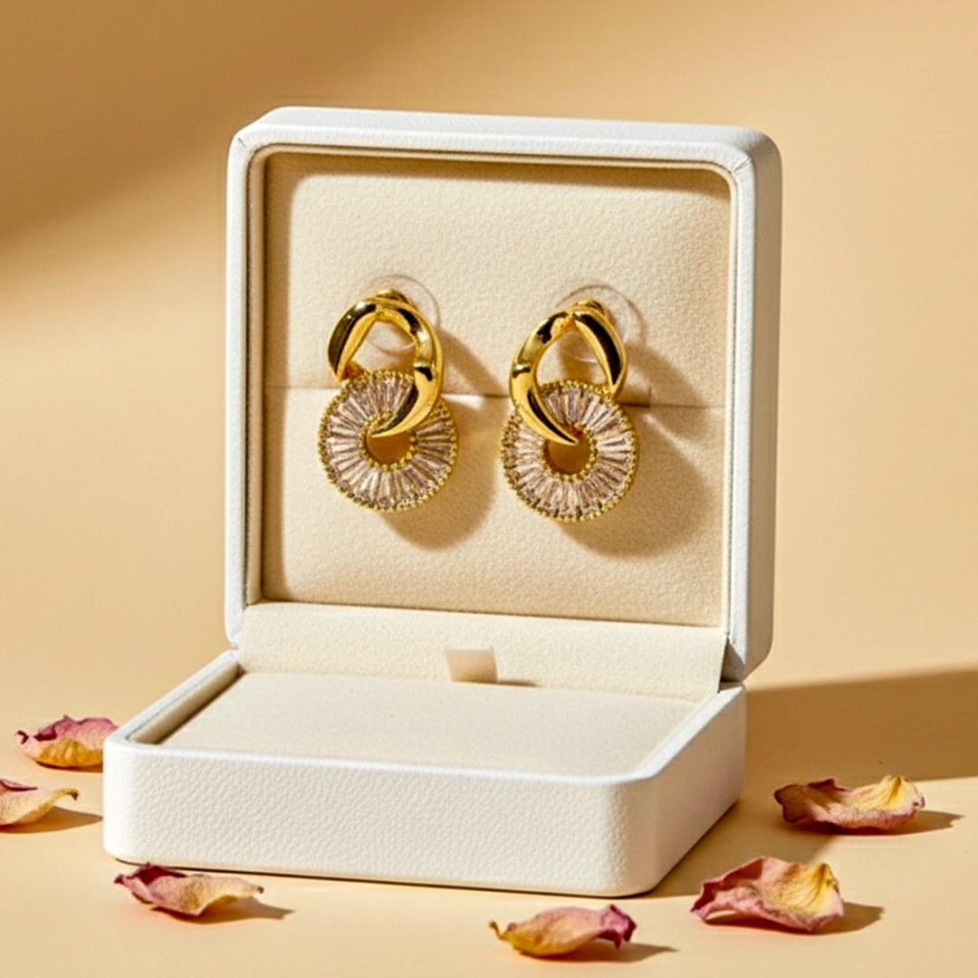 Crystal Halo Baguette Cut Gold Plated Earrings - Silks & Jewels