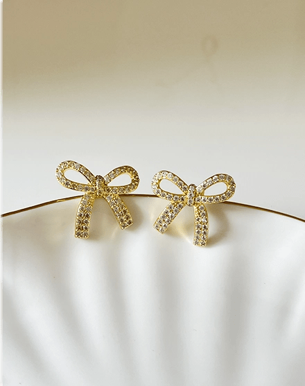 Dazzling Bow Crystal Detail Gold Plated Stud Earrings - Silks & Jewels