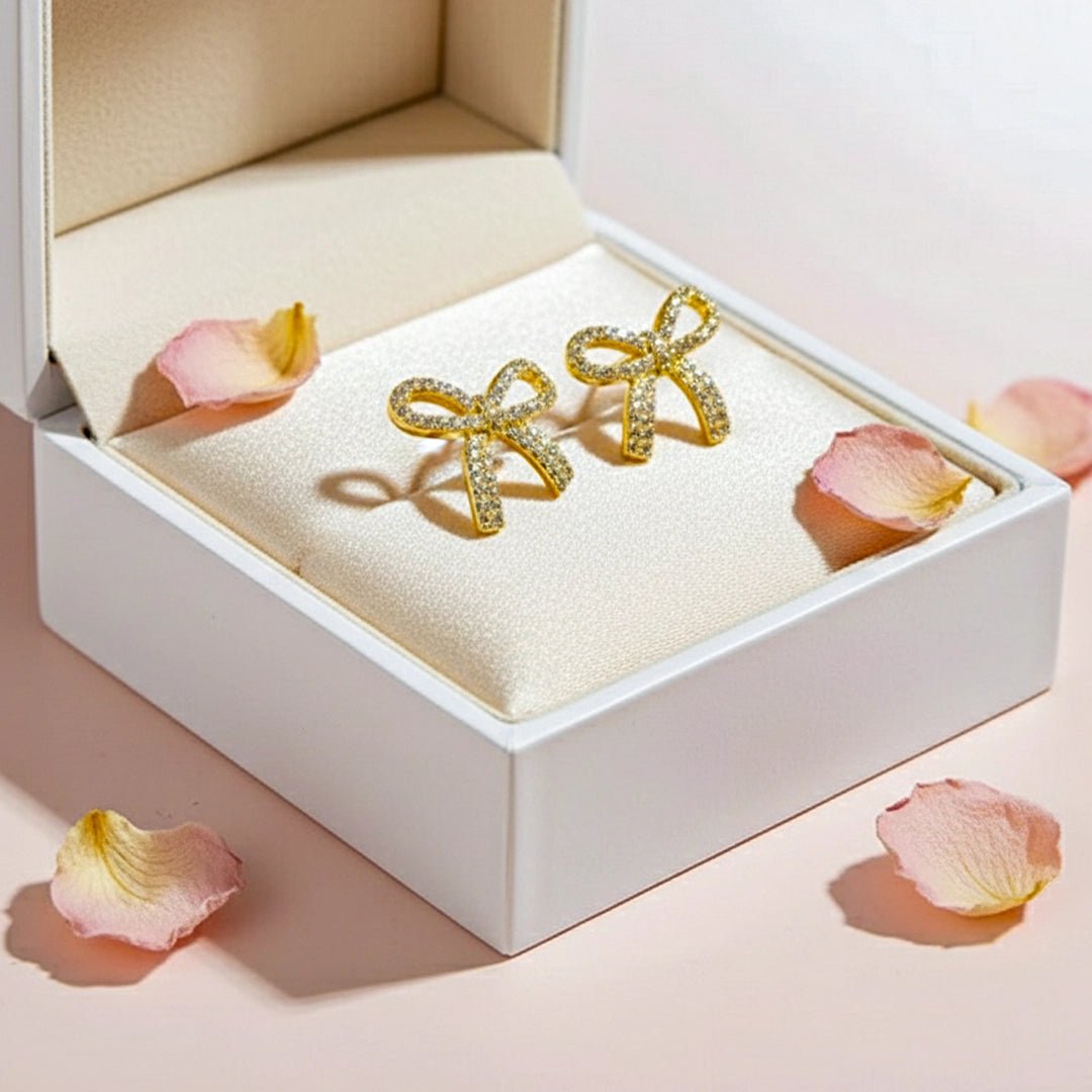 Dazzling Bow Crystal Detail Gold Plated Stud Earrings - Silks & Jewels