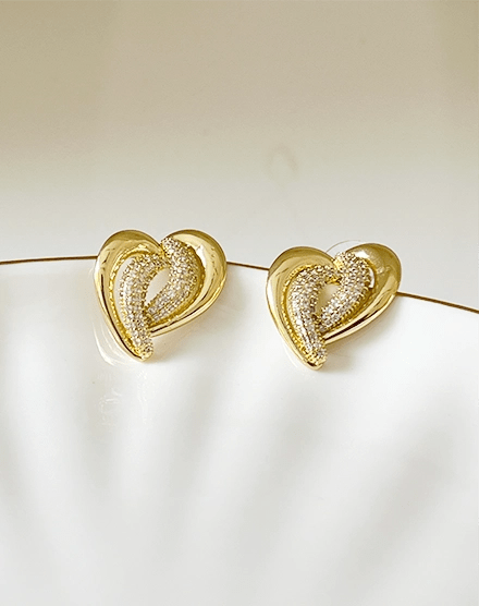 Elegant Heart Sparkling Stone Gold Stud Earrings - Silks & Jewels