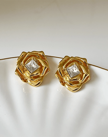 Golden Bloom Rose Crystal Center Stud Earrings - Silks & Jewels
