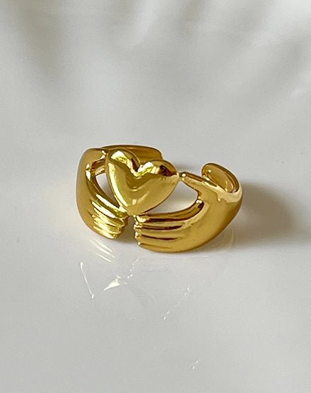 Golden Embrace Heart and Hands Gold Plated Ring - Silks & Jewels