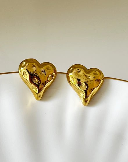 Golden Molten Puffy Heart Sculpted Earrings - Silks & Jewels