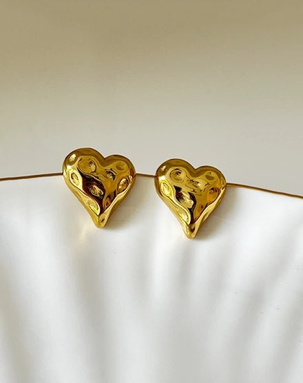Golden Molten Puffy Heart Sculpted Earrings - Silks & Jewels