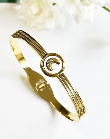 Lunar Glow Mother of Pearl Crescent Moon Bangle - Silks & Jewels