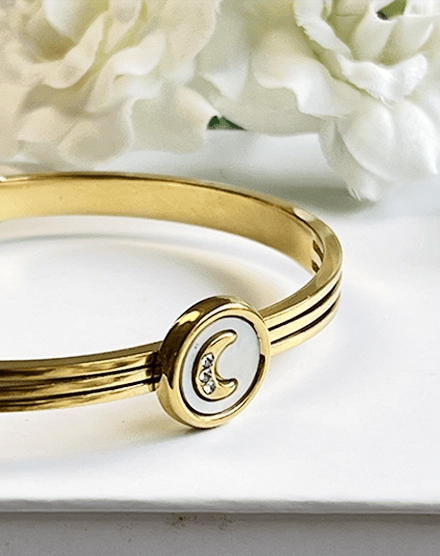 Lunar Glow Mother of Pearl Crescent Moon Bangle - Silks & Jewels