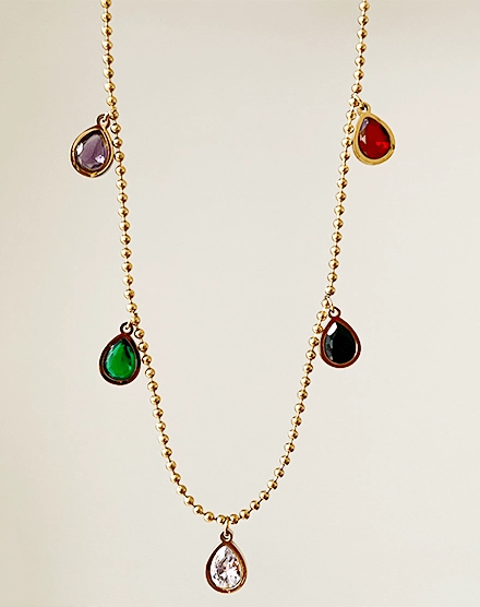 Multi Gem Colorful Stone Gold Plated Drop Necklace - Silks & Jewels