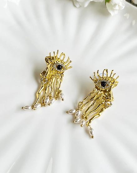 Mystic Gaze Pearl Crystal Eye Motif Earrings - Silks & Jewels
