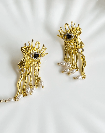 Mystic Gaze Pearl Crystal Eye Motif Earrings - Silks & Jewels
