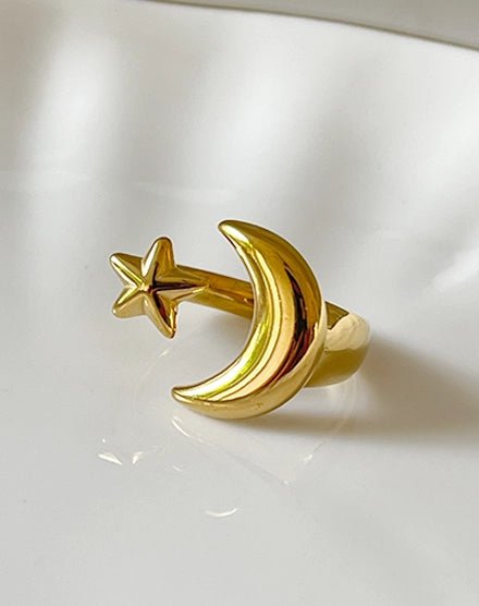 Stellar Embrace Moon and Star Adjustable Gold Ring - Silks & Jewels